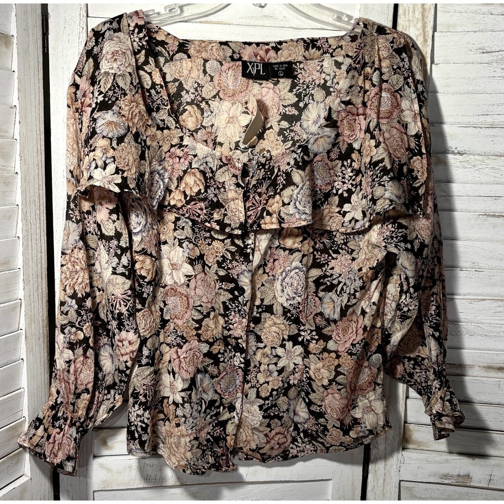 Vtg  90s Poet's  Blouse Floral Button Front Ruffle by XPL Sz L Semi Sheer Ginger